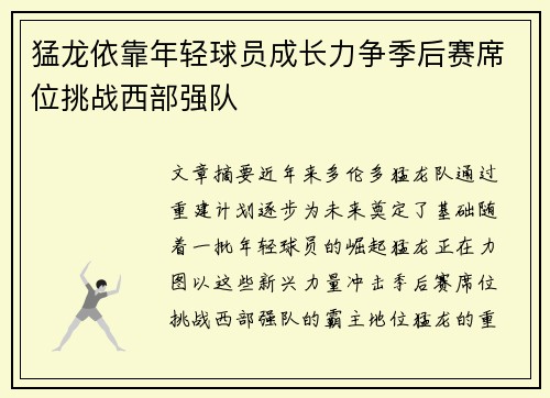 猛龙依靠年轻球员成长力争季后赛席位挑战西部强队