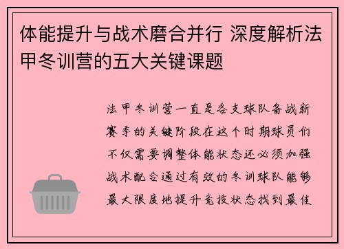体能提升与战术磨合并行 深度解析法甲冬训营的五大关键课题