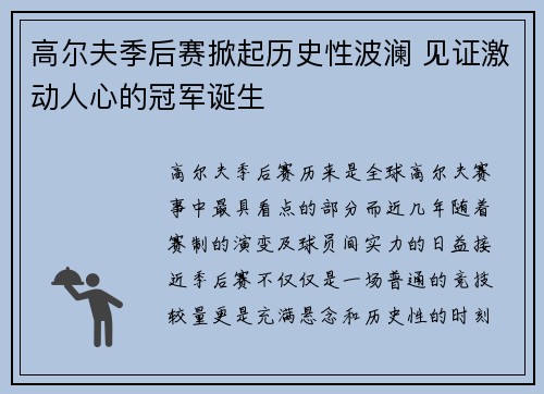 高尔夫季后赛掀起历史性波澜 见证激动人心的冠军诞生