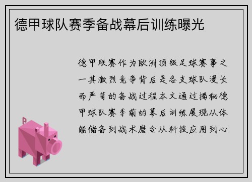 德甲球队赛季备战幕后训练曝光