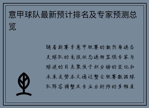 意甲球队最新预计排名及专家预测总览