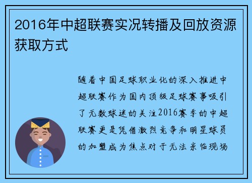 2016年中超联赛实况转播及回放资源获取方式