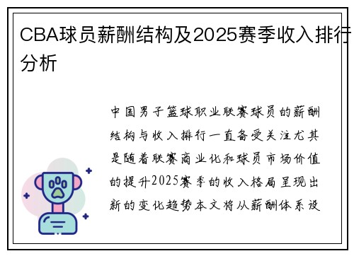 CBA球员薪酬结构及2025赛季收入排行分析