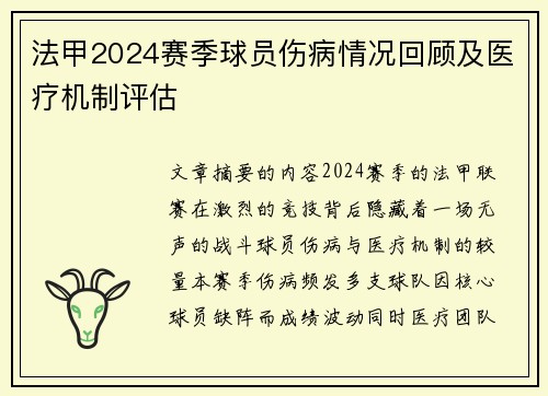 法甲2024赛季球员伤病情况回顾及医疗机制评估